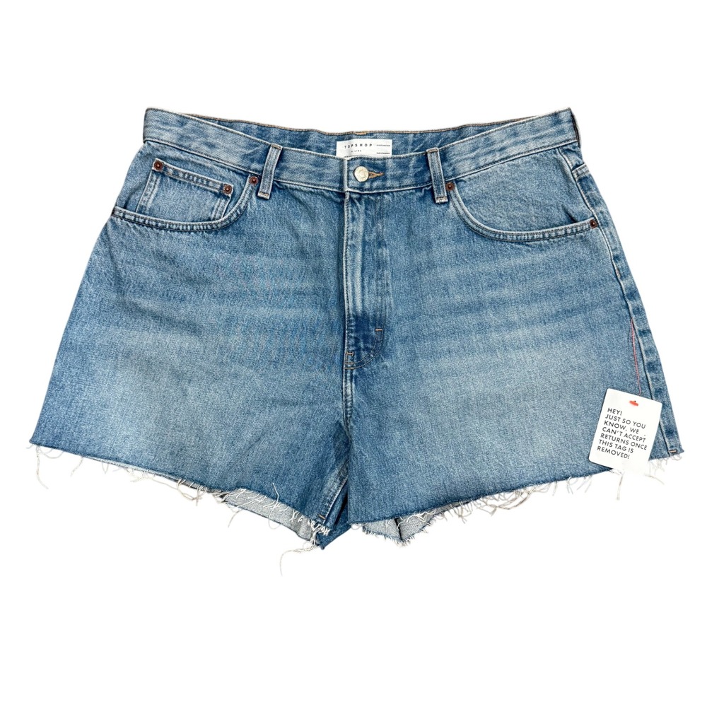 Topshop‎ A-Line High Waisted Denim Shorts Light Wash Raw Hem Blue Womens Size 14